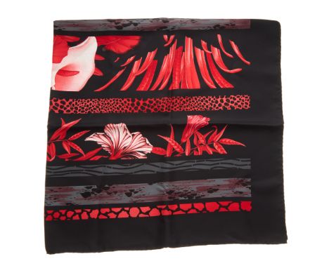 Salvatore Ferragamo, a silk scarf, in black and red with stripes of animal prints, hibiscus flowers, calla lilies and leaves,