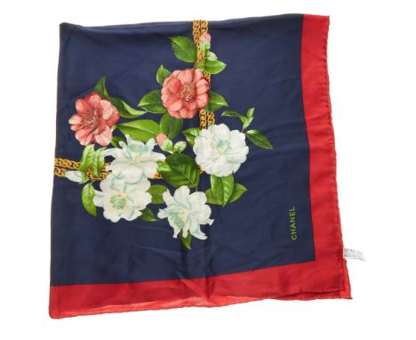 Chanel, a silk scarf, featuring a gold chain and camellia flower design, with a navy blue background and red border, measurin
