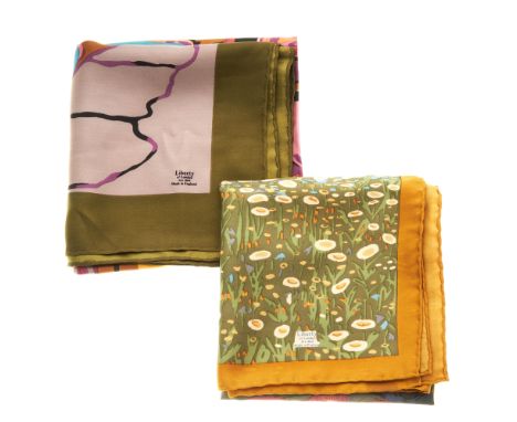 Liberty of London, two silk scarves, to include a multicoloured scarf featuring a boat on water, together with a smaller scar