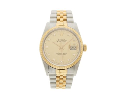 Rolex, a stainless steel and 18ct gold Oyster Perpetual Datejust bracelet watch, circa 1988, diamond dial, reference 16233, s