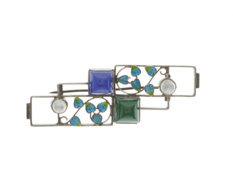 George Edward Hunt, an Arts & Crafts silver, chrysoprase, blue chalcedony and moonstone cabochon brooch, with polychrome enam