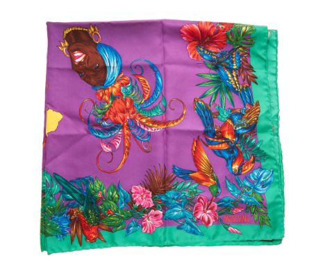 Moschino, a Do We Really Love Brazil 1190 silk scarf, featuring a colourful Brazilian fiesta scene, measuring 88 by 88cmCondi