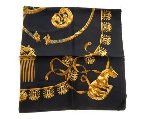 Hermes, a Les Cavaliers D'or silk scarf, designed by Vladimir Rybaltchenko, depicting gold jewellery of ancient equestrian tr