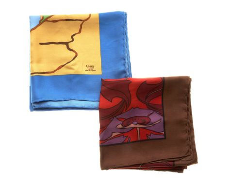 Liberty of London, two silk scarves, to include a multicoloured scarf featuring a boat on water, together with a brown and pu