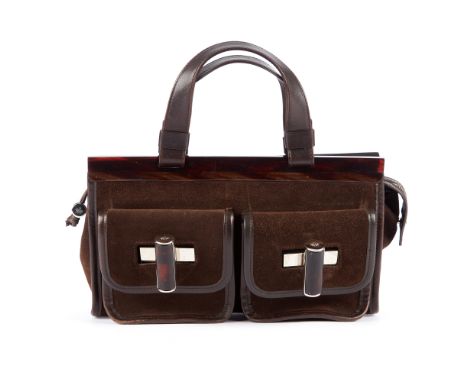 Mulberry, a brown suede handbag, featuring brown leather trim, polished silver-tone hardware, imitation tortoiseshell top fra