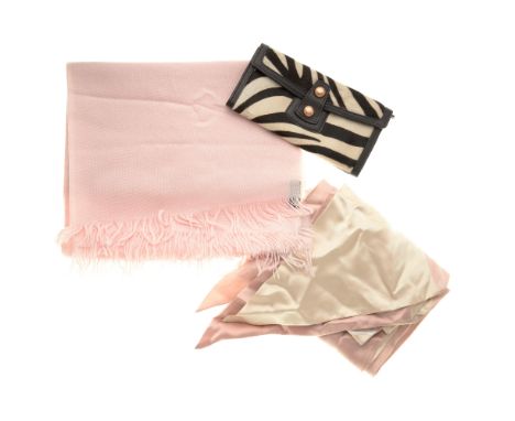 Jaeger, a wallet and four scarves, to include a black and white wallet, featuring a zebra patterned pony hair and black leath