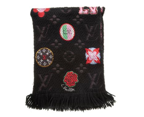 Louis Vuitton, a black wool Stories Logomania scarf, featuring the maker's signature motifs in the form of colourful patches 