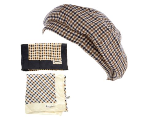 Aquascutum, a hat and two silk scarves, all featuring the maker's signature Club check pattern, to include a wool hat, a larg