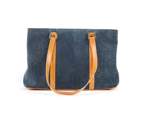 Celine, a suede tote, designed with a blue logo embossed suede exterior, with tan leather base and trim, dual flat leather sh