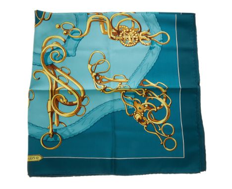 Hermes, a Profile Seller silk scarf, designed by M.Guillemot, first issued in 1974, featuring a tonal turquoise colourway wit