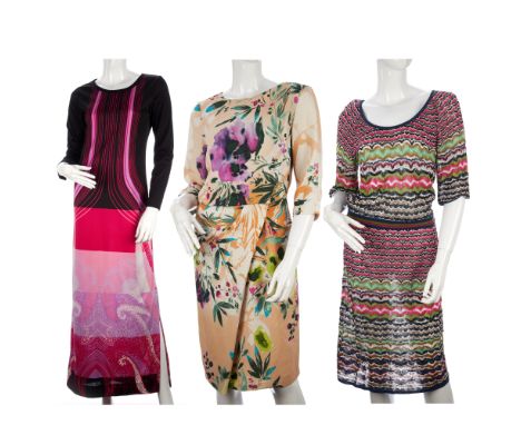 Three vintage designer dresses, to include a floral knee-length dress by Etro, a woven multicoloured dress by Missoni and a f