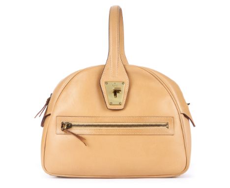 Gucci, a smooth beige leather handbag, featuring brushed gold-tone hardware, a front zip pocket, looping leather top handle a