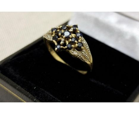  9ct Gold, Sapphire &amp; Diamond Cluster Ring, Size P and weighs 2.2g