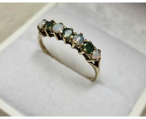 9ct Gold, Emerald &amp; Opal Half Eternity Ring, size O+0.5