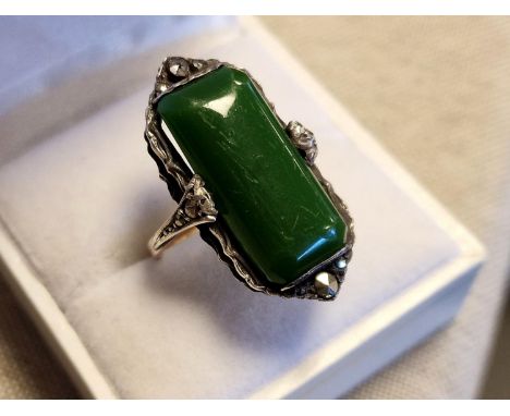 Vintage Jade (Nephrite) and Sterling Art Nouveau 1930's Dress Ring - size P+0.5