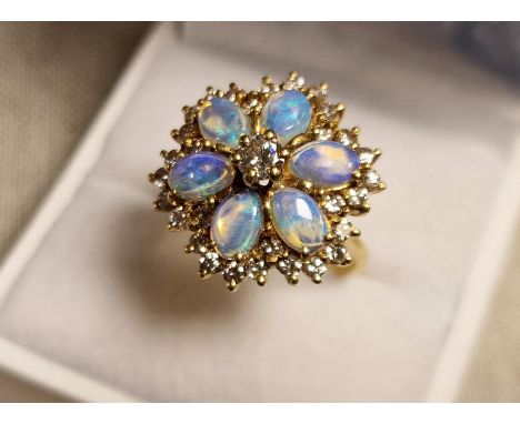 18ct Gold, Diamond &amp; Multi Opal Cluster Ring - 6.95g &amp; size O