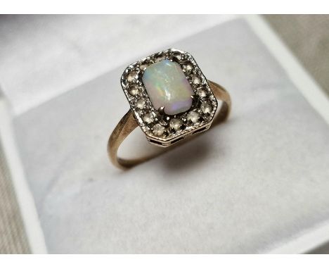  9ct Gold, Opal &amp; Diamond Dress Ring. Size K and weighs 2.9g approx