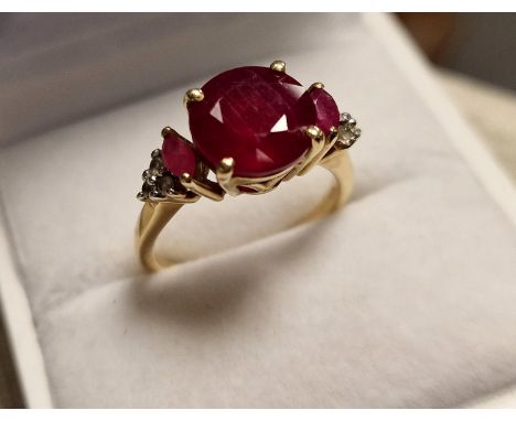 10ct Gold, Ruby & Diamond Cluster Dress Ring, 3.3g & size J