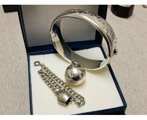 Group of Hallmarked &amp; Sterling Silver Pieces inc a Bangle, Spherical Charm &amp; Chain + Pendant- combined weight 49.3g