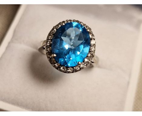 9ct White Gold, Blue Topaz &amp; Diamond Dress Ring, 3.8g &amp; size K