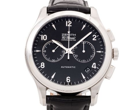 ZENITH El Primero Chronograph Ref. 03.0510.4002 von 2005. Edelstahl mit Glasboden. Neuwertiges originales Lederarmband mit Do