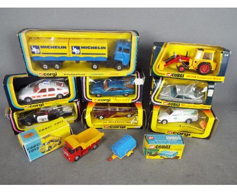 Corgi - A group of 10 x boxed vehicles including # 1109 Ford Michelin articulated lorry, # 338 Rover 3500, # 54 Massey Fergus