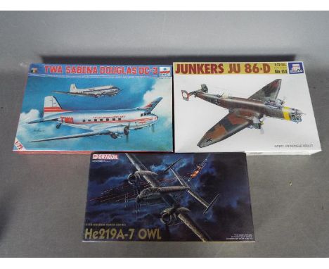 Italeri, ESCI, Dragon - Three boxed plastic 1:72 scale aircraft model kits. Lot includes ESCI #9014 TWA Sabena Douglas DC-3; 