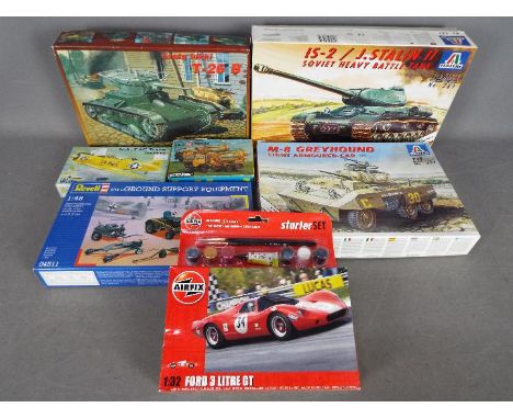 Revell, Italeri, Airfix, Kibri, Other - Six boxed plastic model kits. Lot includes Italeri #364 1:35 scale M8 Greyhound Light