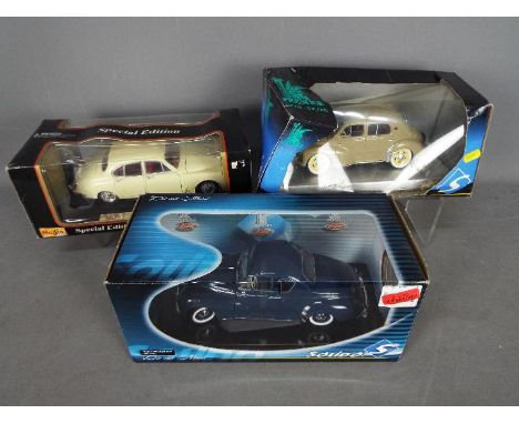 Solido, Maisto - Three boxed 1:18 scale diecast model cars. Lot consists of Solido #8168 Peugeot 203 Coupe 1954; Solido #8059