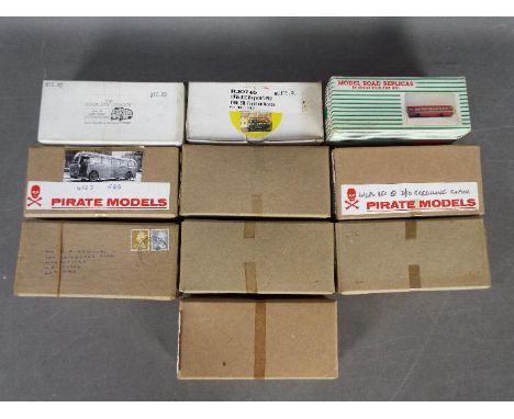 Pirate Models - Model Bus Co - A group of 10 x white metal bus model kits in 1:76 scale including AEC Regent, AEC Q, AEC Merl