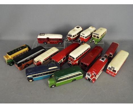 A collection of 15 built wooden model buses in 1:50 scale. Lot includes Leyland Royal Tiger ' Pennine MS'; Dennis Ace 'Ribble