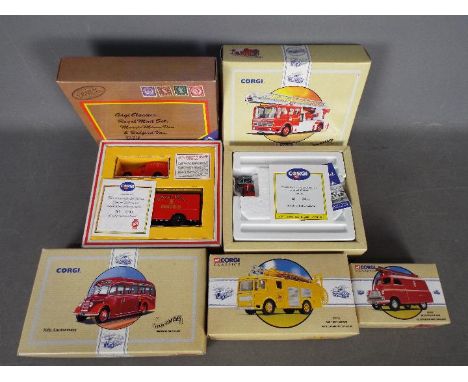 Corgi - A group of 5 x boxed limited edition vehicles including # 97385 Cardiff AEC ladder fire vehicle, # 97360 Rotherham AE