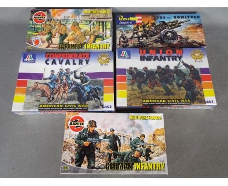 Revell, Italeri, Airfix - Five boxed model kits. Lot includes Revell 105mm Howitzer; Italeri #6852 1:32 Confederate Cavalry; 