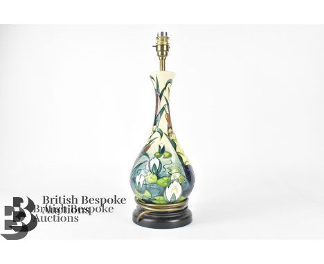 Moorcroft lamp base, waterlily and bull rush design, 80/12, approx 35 cms h, further 24 cms with light fittings, complete wit