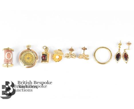 9ct gold jewellery, including wedding band size N, pair of cherub earrings, marquise-cut garnet earrings, three charms approx