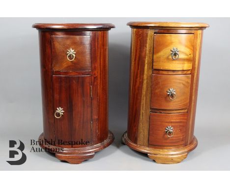 Pair of drum tables, approx 40 w x 66 h cms. The first having three drawers and the companion having a single drawer with a c