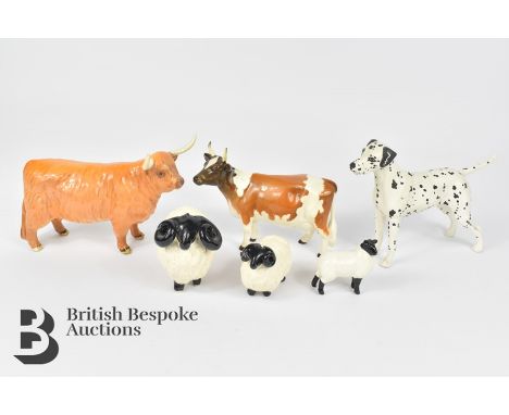 Beswick and other ceramic animals, including a Beswick Highland bull, Beswick Bessie cow, three ceramic sheep and a Beswick D