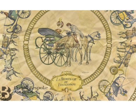 Two Hermes scarfs, the first titled 'La Promenade de Longchamp's' approx 85 cms w x 88 cms and the other Manégéapprox 85 x 85