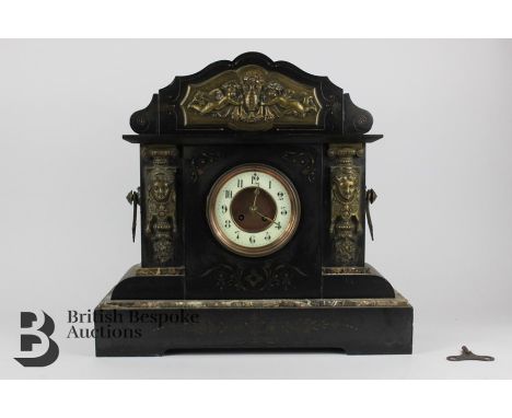 Large Victorian slate and marble clock, with classical cherub and urn surmount, Grecian mask heads and garland decoration to 