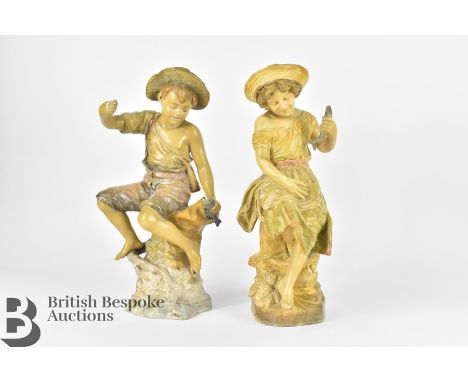 Early 20th century Goldscheider terracotta statuettes, both depicted fishing seated on naturalistic base, approx 42 cms h, si