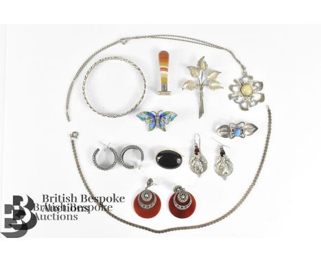 Quantity of silver jewellery, including agate and marcasite disc earrings, garnet earrings, enamel butterfly filigree brooch,