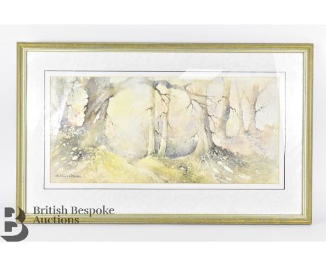 H. Royston Hutson 20th century watercolors, the first depicting a tranquil lake scene, approx 63 w x 36 h cms framed and glaz