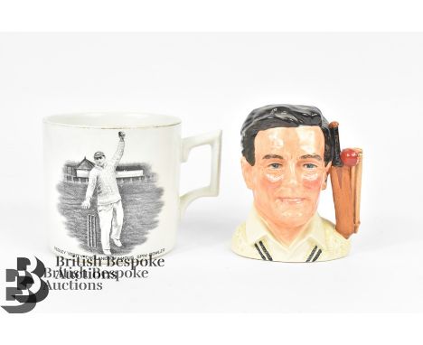 Cricket memorabilia, including a ceramic mug by W. Ellis 'Hedley Verity England's Famous Spin Bowler' together with Royal Dou