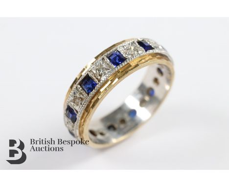 14ct gold yellow and white gold sapphire and diamond full eternity ring, stamped 585, size K. The ring set with 11 x 1.8mm ro