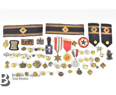 Cap badges, medallions, pips and brass buttons, this lot includes a Jordanian Hashemite 'In Gratitude' medal, Coronation meda