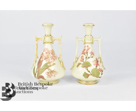 Pair of Royal Worcester twin handled blush ivory vases, circa 1890, finely painted with flowers, puce factory marks, nr 1021 