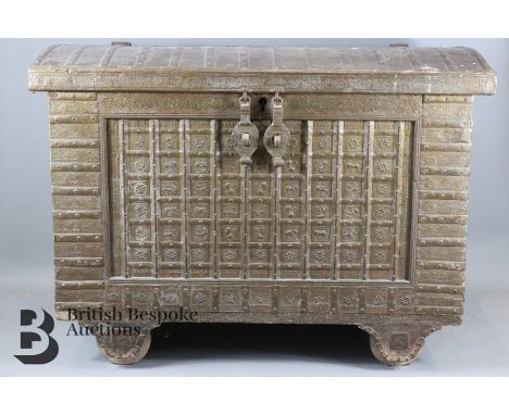 &nbsp;Antique Ottoman dowry chest, ornately ornamented with brass, heavy double locks and handles, raised on bracket feet wit