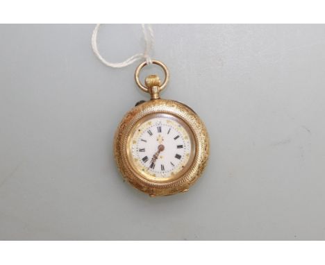 A Continental 14ct gold ladies fob watch, probably French, with attractive engine turned floral decoration to the case, the w