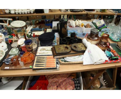 Three trays inc. a 1970s black and gilt coffee service, carnival glass, Wedgwood jasperware, Burlington toby jug, a Doulton L