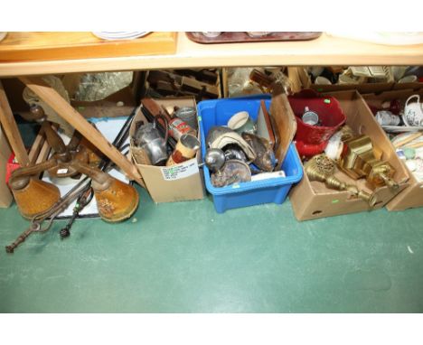 Three boxes inc. a jardiniere, a large faceted baluster form gilt table lamp, silver plate, fire tools, fencing mask, enamel 